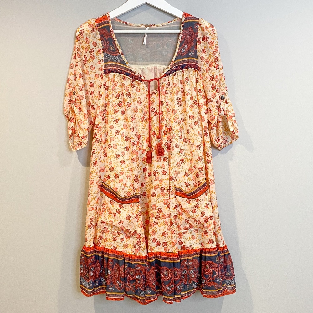 Free People Flowy Orange and Blue Boho Dress